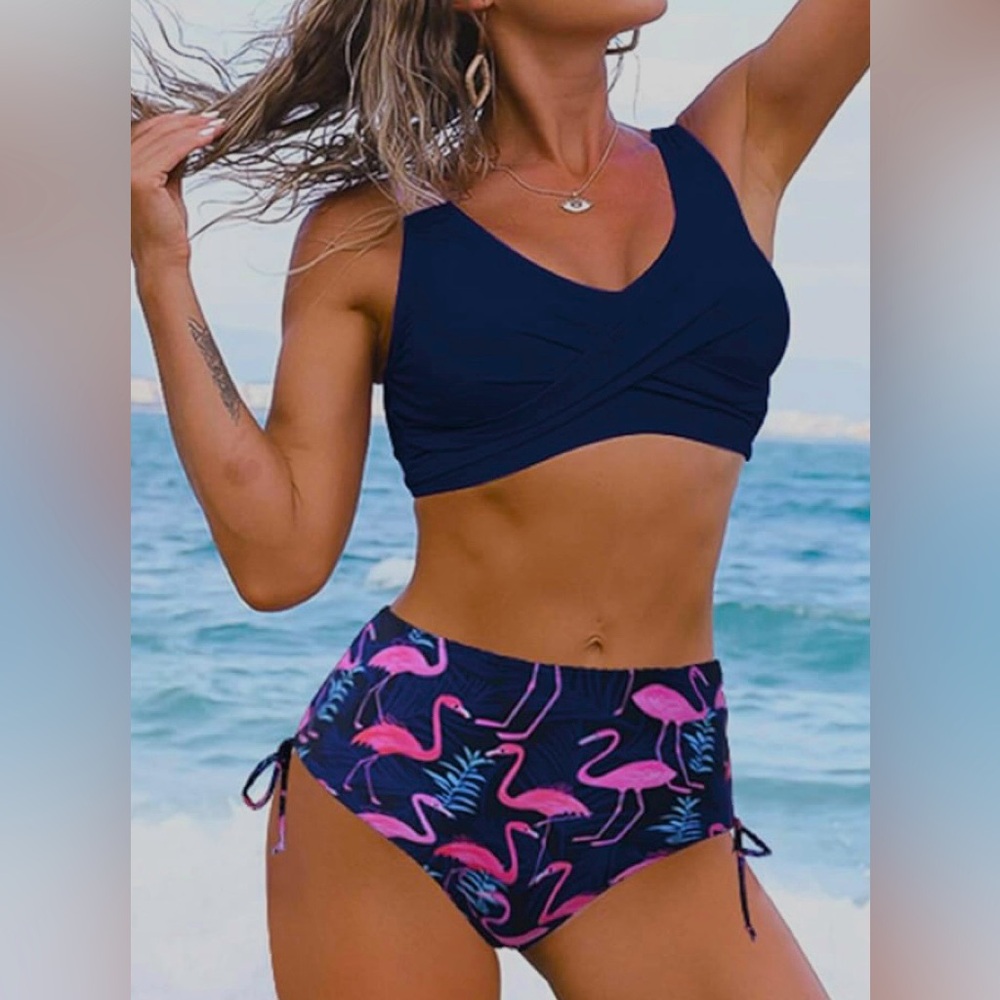 NWOT Fanuerg Twist Front High Waisted Bikini Swimsuit Tie Side Bottom Flamingo